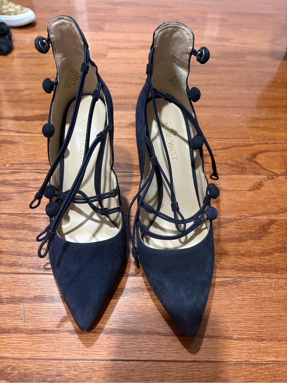 Nine West Black Suede Lace-Up Pointed Pumps with Pom-Tie Detail